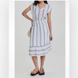 Rails Ashlyn Aegean Blue & White Striped Linen Blend Tie Neck Midi Dress - s